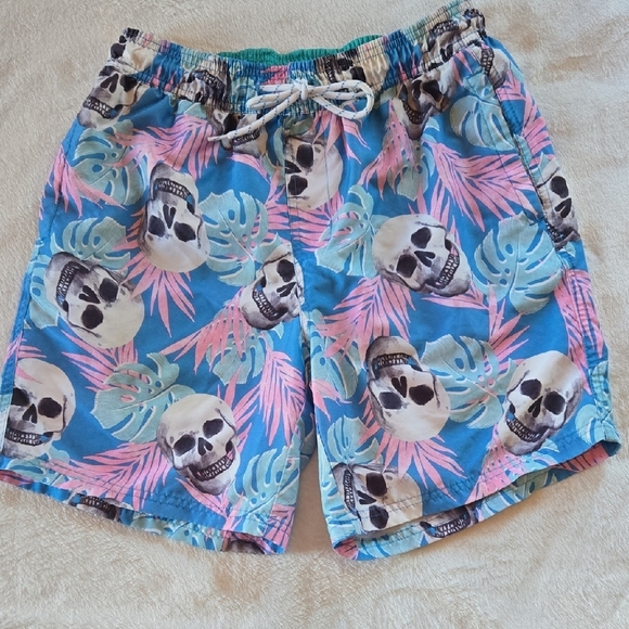NOBO Y2K SWIM TRUNKS SKULLS & LEAVES BLUE PINK COMFY STUFF SKATE PUNK 28/30 SURF - Picture 4 of 8
